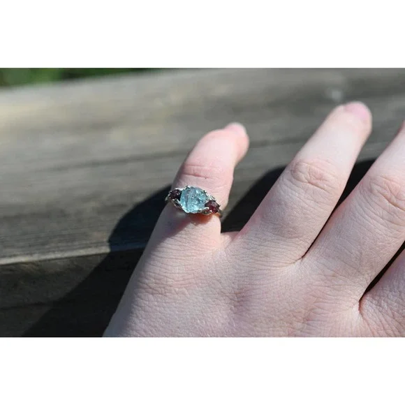 Raw Garnet Engagement Ring, Rough Aquamarine Ring - Picture 4 of 5